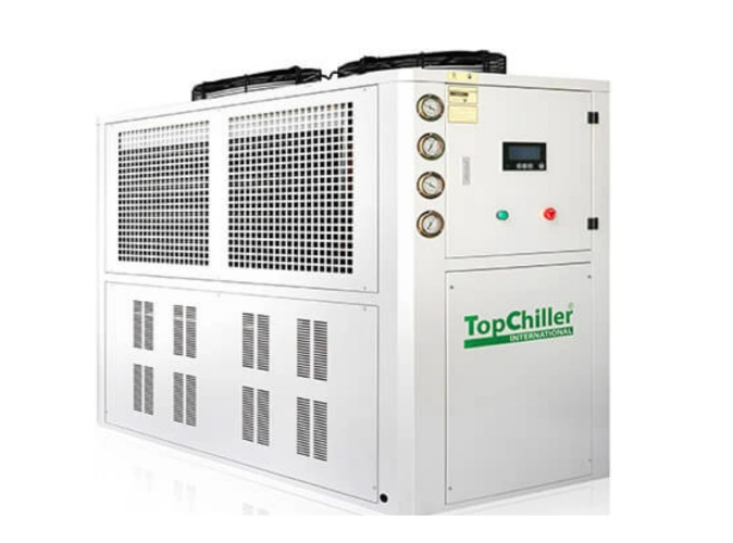 Industrial chiller system with control panel and cooling fans